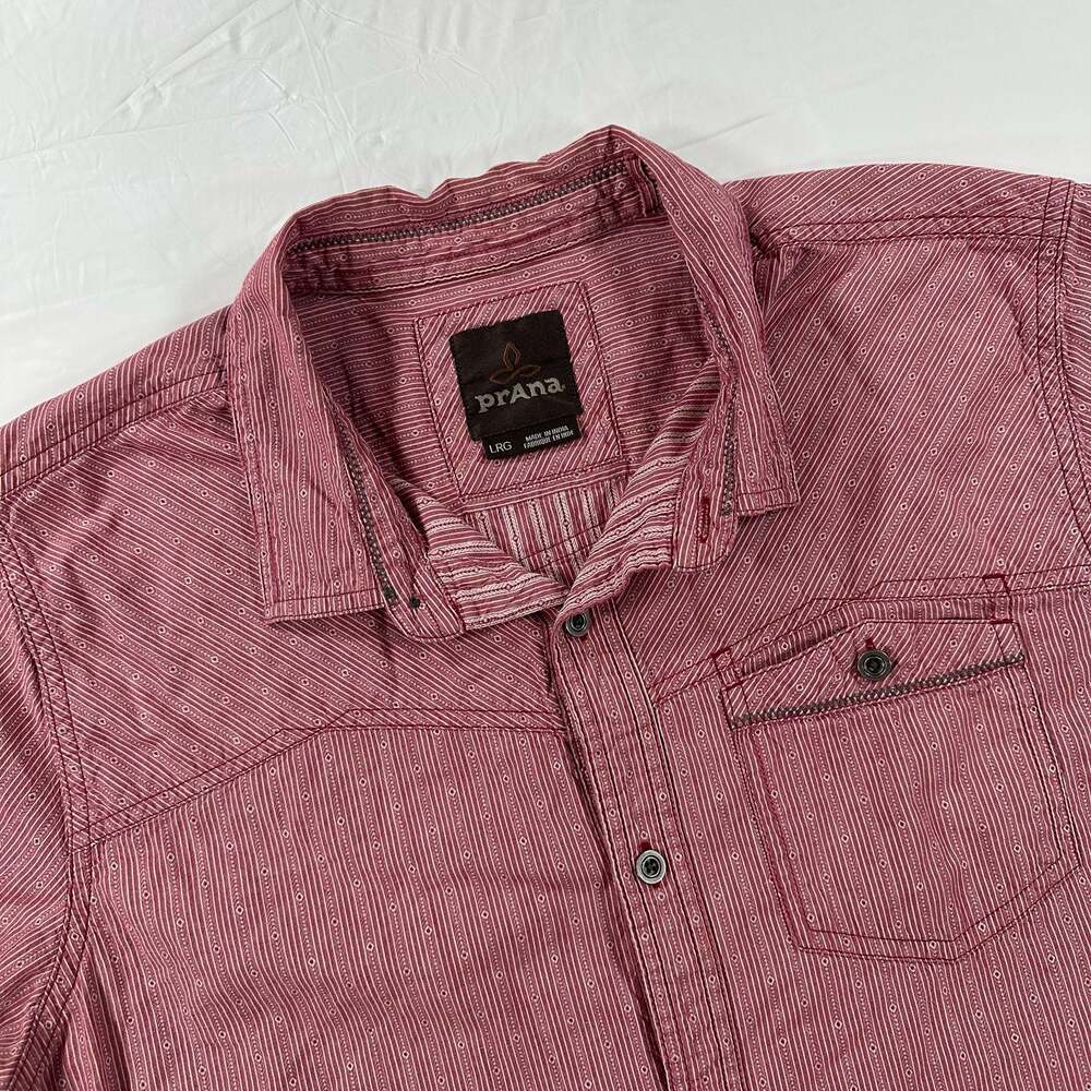 prAna Mens Short Sleeve Button Down Shirt Size Large Red Striped Organic Cotton